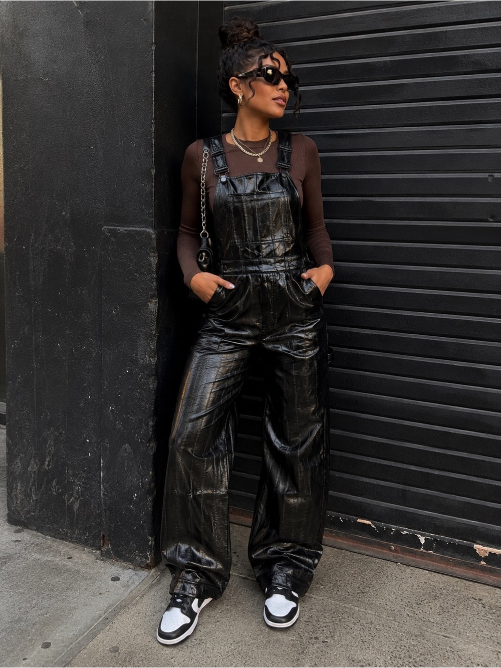 Good American Better Than Leather Faux Leather Overalls Black | Size 8/29